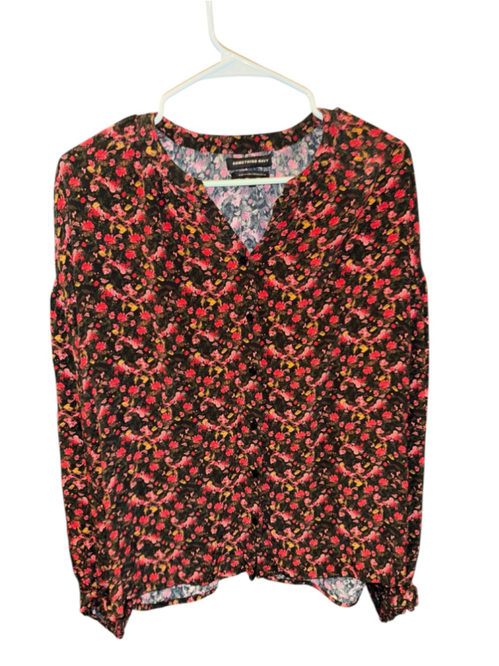 Women's Something Navy Floral Blouse, Size XL, Black and Red